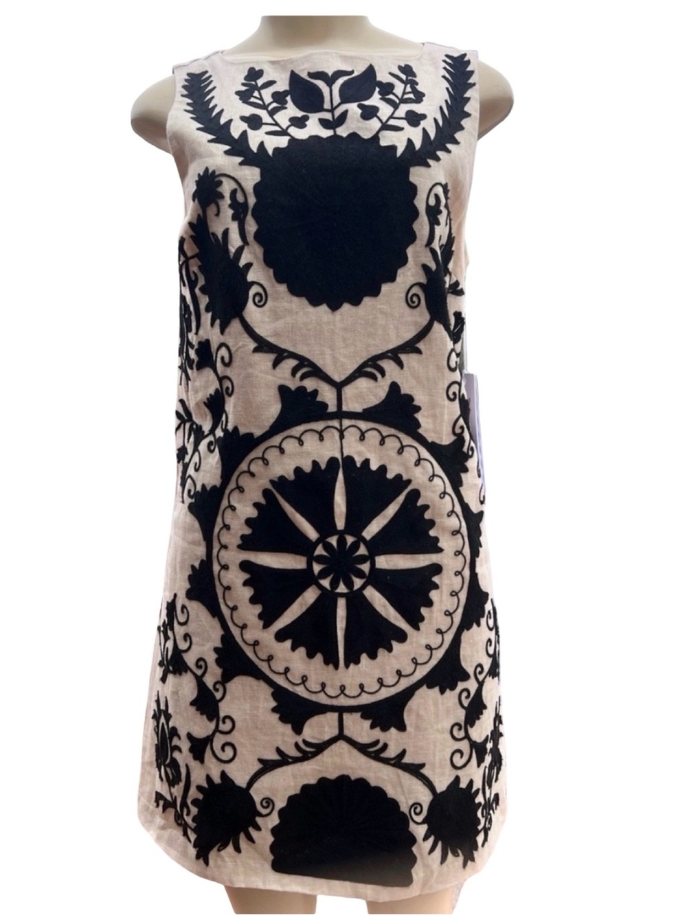 NWT $229 Le’ AL.X Embroidered Linen Shift Dress Black/Flax - Picture 1 of 11